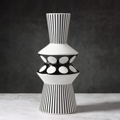 Flower vase Large Black and White Striped Geometric Ceramic Vase -Modern Vase... - Image 1 of 4