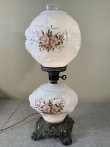 Vintage Glass Puffy Rose Gone With The Wind Parlor Lamp Hand Painted Flowers