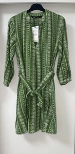ZARA GREEN ECRU CUTWORK EMBROIDERY SLOT COLLAR BELTED MINI DRESS SIZE M BNWT - Picture 1 of 10