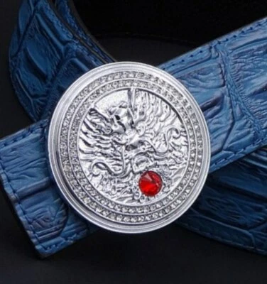 Blood Red Round Ruby With White Round CZ Dragon Face Round Men's Belt Buckles - Image 1 of 3