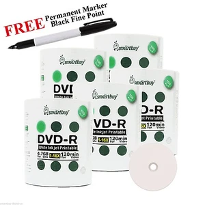 500 Smartbuy 16X DVD-R 4,7 GB disco imprimible por inyección de tinta blanco + marcador permanente negro - Imagen 1 de 3