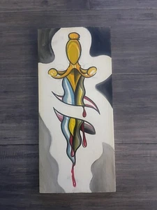 Tattoo Art Flash Painting On Wood Traditional Dagger Through Flesh 5.5x12” - Picture 1 of 7