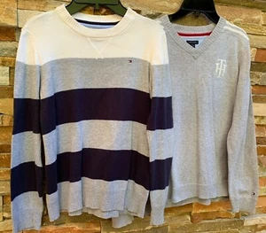 Tommy Hilfiger Lot of 2 Top Long Sleeve Round V Neck Gray Sweaters Sz M 12 /14 - Picture 1 of 4