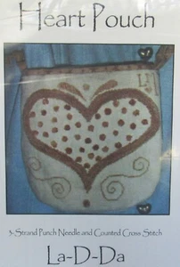 La-D-Da HEART POUCH Primitive Bag Punch Needle & Cross Stitch Embroidery Pattern - Imagen 1 de 2