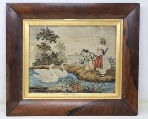 Antique c. 1825 Georgian Needlepoint Framed Swans with Two Children 19.75" x 17" - Picture 1 of 23