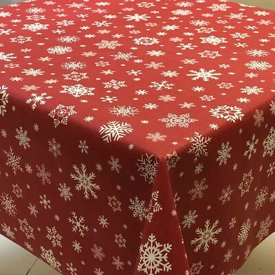 CHRISTMAS WINE RED WHITE SNOWFLAKES LINEN LOOK TEXTURED PVC VINYL TABLE CLOTH