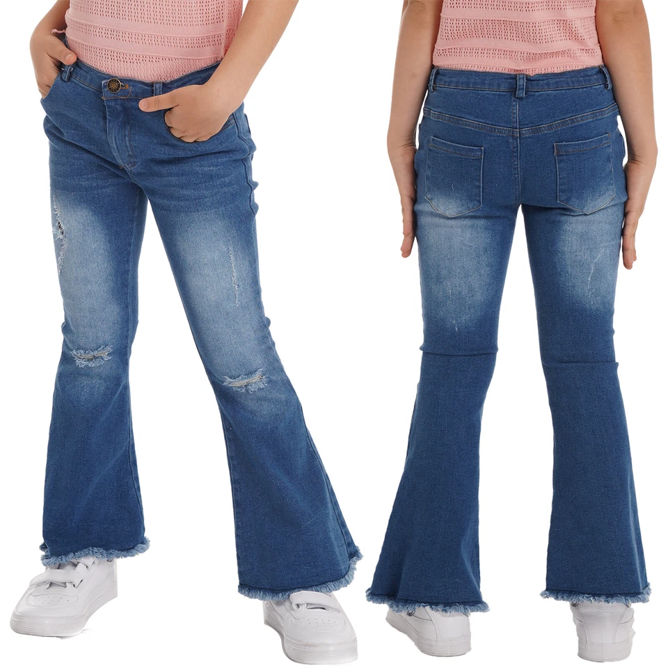 Girls Casual Denim Pants Ripped Fitted Flare Jeans Elastic Waist Bell Bottom - Image 1 of 1