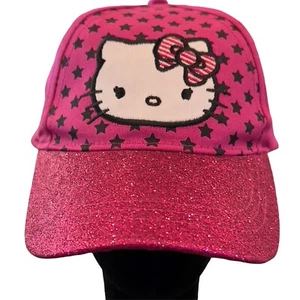 Hello Kitty Sanrio Glitter Stars Hot Pink Black Hat Cap Adjustable Youth Teen - Picture 1 of 8