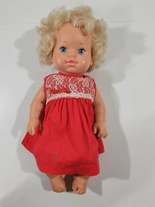 Vintage 1988 Mattel Baby Tender Love Doll Red Dress with Short Blonde Curly Hair - Picture 1 of 11