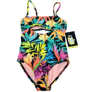 New Art Class Girls Medium (8) Keyhole Front Open Back Tropical 1PC Swimsuit - Picture 1 of 3