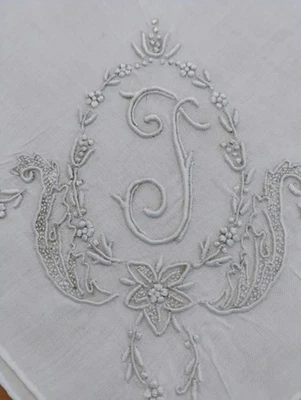 Vgt T Monogram Gray Embroidery White  Cotton Blend Hankie Handkerchief - Image 1 of 3