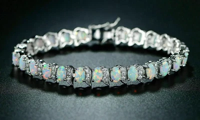 Oval Cut Fire Opal & Diamond Women's Tennis Bracelet in 14K White Gold Plated - Image 1 of 4