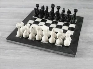 Schwarz und Weiß Voll Stein/Marmor 12" Schach Brettspiel Set mit Figuren - Bild 1 von 8
