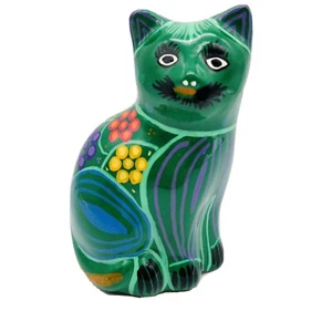 Gatto Talavera fatto a mano e dipinto a mano arte messicana ceramica verde ciglia sedute - Foto 1 di 7