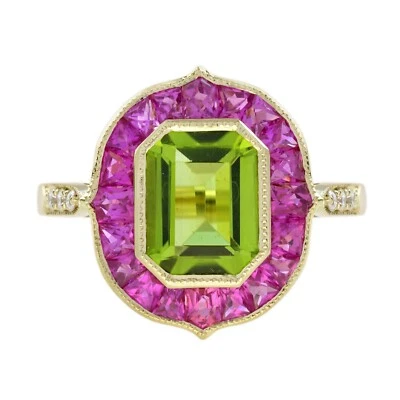 Anillo objetivo estilo Art Deco de oro amarillo de 18 quilates peridoto natural y rubí rosa Foto 1 de 4