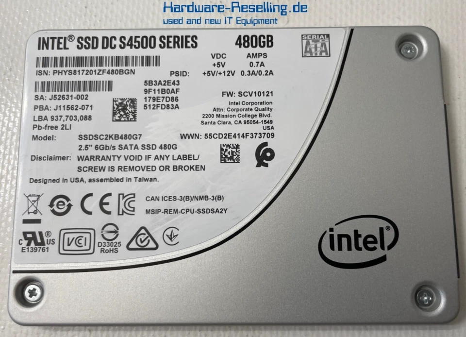 Intel SSD DC S4500 Series 480GB 2,5" SATA III 6G SSDSC2KB480G7 J52631-002 - Bild 1 von 1