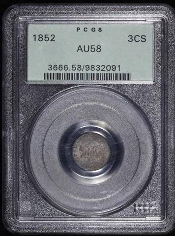 1852 3C Silver PCGS AU 58 OGH Three Cent Old Green Holder Cover
