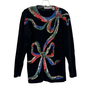 Vintage Valerie Stevens M Festive Bow Sweater Beaded Sequin Lambswool Angora - Picture 1 of 9