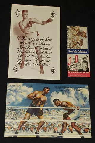 1940-1950's - JACK DEMPSEY BOXING CHAMPION - POSTCARDS (2) + MATCHBOOK COVER (1) Cover