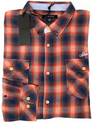AKOO Red Navy Blue Plaid Shirt Mens Long Sleeve 791-0607 Trap Woven $89 - Image 1 of 3