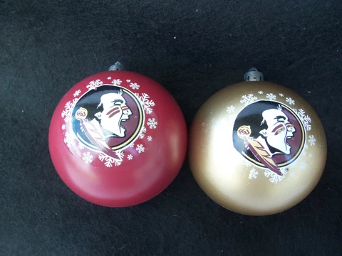 Florida State Seminoles FSU Indian Mascot Christmas Ornaments! 2!  PLASTIC!  4" Cover