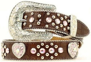 Nocona Western Belt Girls Crystal Heart 20 Mocha Pink N4425202 - Picture 1 of 1