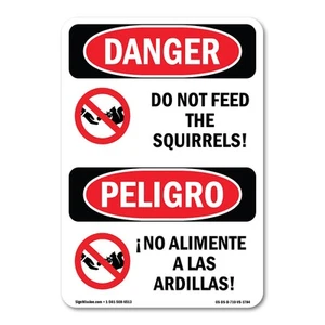 Do Not Feed The Squirrels Bilingual ANSI Danger Sign Metal Plastic Decal - Picture 1 of 5