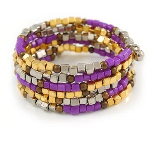 Multistrand Glass, Acrylic Bead Coiled Flex Bracelet (Silver, Gold, Bronze, - Picture 1 of 4