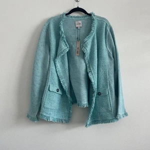 Nic + Zoe Blazer Damen 2X Flussblau Strick Offen Fransen Business Taschen Coastal - Bild 1 von 8