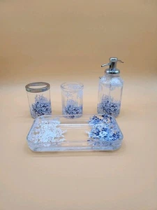 Envogue Bath Set 4 Piece Blue & White Floral Bathroom Set - Picture 1 of 24