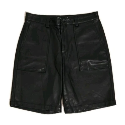 Zara 女式人造皮革短裤中腰 32 英寸黑色口袋百慕大  — 第 1/4 张图片