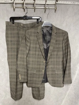 Alain Dupetit Suit Men 36S Beige Gray Glen Plaid 2B Flannel Slim Pant 33X27 Luxe - Image 1 of 4
