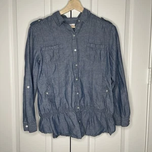 Chico’s Size 2 Blue Chambray Button Up Shirt Ruffle Hem Utility Top - Picture 1 of 6