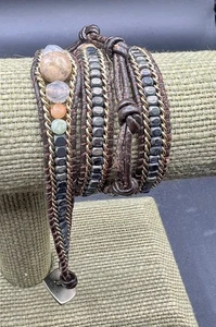 Nakamol Chicago Echtleder braun Edelstein Silber Perlen Wickelarmband 21 Zoll - Bild 1 von 4