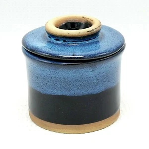 Stoneware Pottery French Butter Keeper Crock Cup Bell Blue Black Glaze Decor NEW - Picture 1 of 8