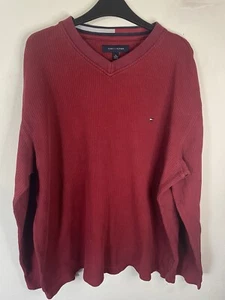 Tommy Hilfiger Long Sleeved V Neck Sweatshirt Top XL Red Mens Y2K Style - Picture 1 of 11