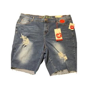 Hot Kiss Bermuda Denim Shorts High Rise Raw Hem Distressed Size 20 NWT - Picture 1 of 4