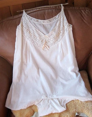 Antique Edwardian Button Crotch Linen Lace Ribbon Teddy One Piece Lingerie L/XL - Image 1 of 4