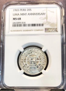 1965 PERU SILVER 20 SOLES LIMA MINT ANNIVERSARY NGC MS 68 RARE GEM TOP POP - Picture 1 of 3