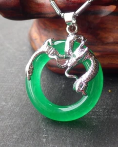 Real Green Jade Circle Round Donut White Gold Plated Dragon Pendant Necklace - Picture 1 of 8