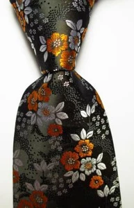 New Classic Floral Black White Orange JACQUARD WOVEN Silk Men's Tie Necktie - Picture 1 of 2
