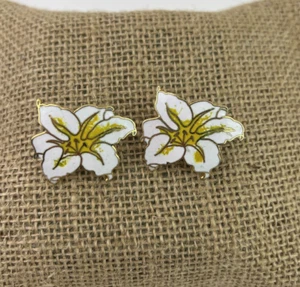 Enamel Gold Tone Floral Clip On Earrings - Picture 1 of 5