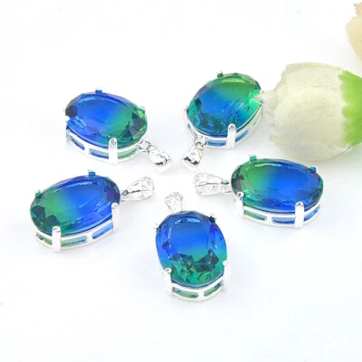 MIX 5 Pieces Fire Oval Green Blue Tourmaline Gemstone Silver Necklace Pendants - Image 1 of 4