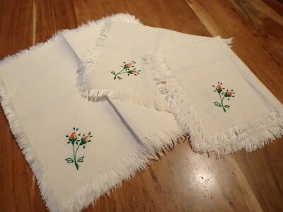 Linge ancien 7 Serviettes + 3 Sets coton écru brodé de roses ( ref 25 ) - Photo 1/4