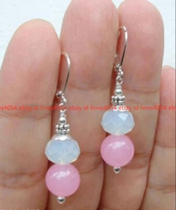 Natural Round Pink Jade White Faceted Moonstone Gemstone Silver Dangle Earrings - Picture 1 of 12
