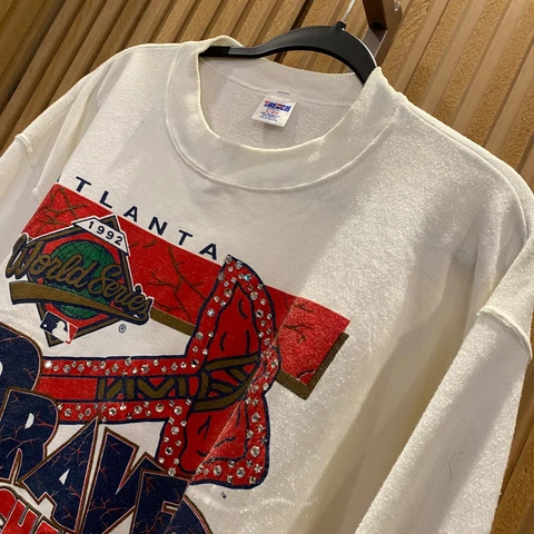 Atlanta BRAVES Sweater Adult Extra Large White MLB Baseball Sweatshirt Mens 1992 Cover