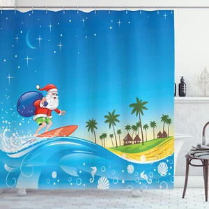 Christmas Shower Curtain Surfing Santa Beach Print for Bathroom - Picture 1 of 6