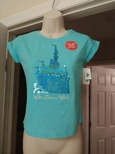 Disney Mädchen Frozen blau Pailletten Arendelle Fantasyland Schloss T-Shirt Medium neu! - Bild 1 von 3