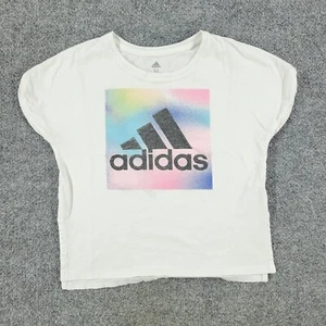 Adidas Shirt Girl's Medium White Logo Side Slit Graphic Tee Short Sleeve Stretch - Picture 1 of 15