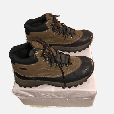 托特包男式棕色/蓝色防水隔热皮革冬季靴 10D 码 — 第 1/4 张图片